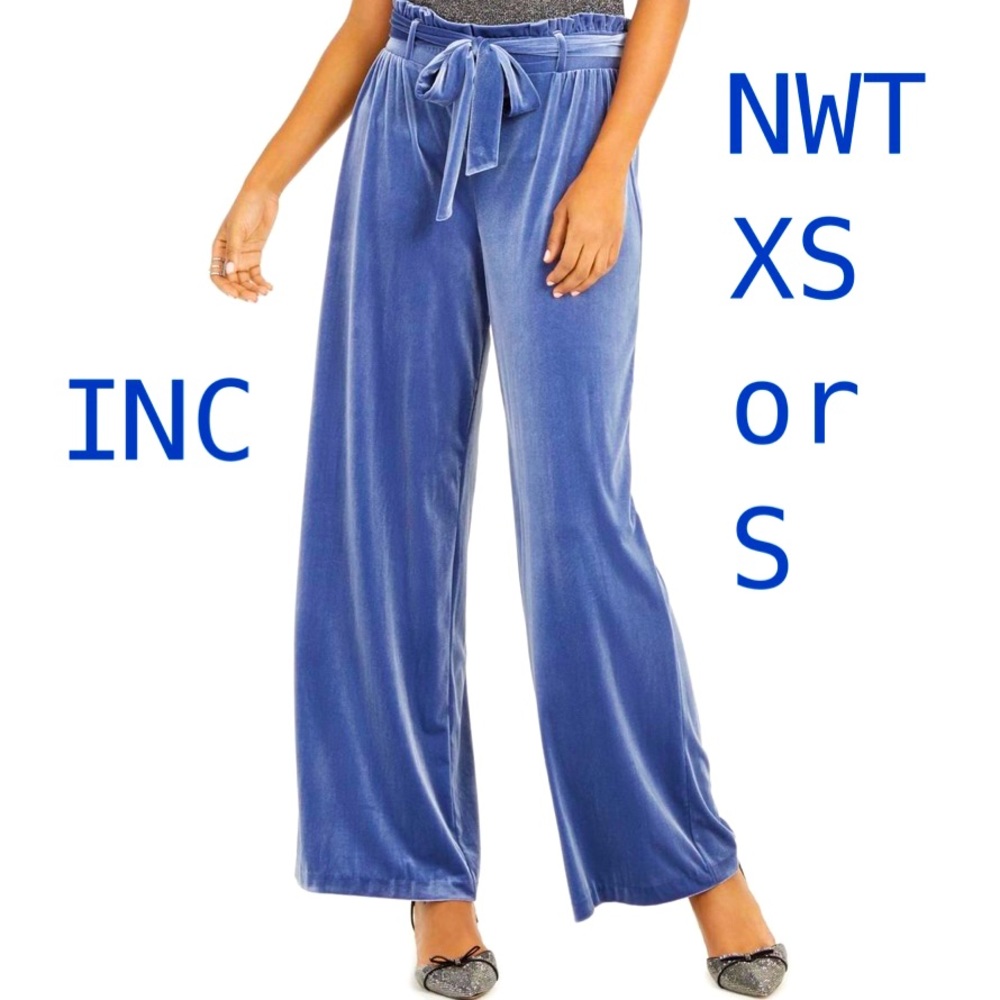 NWT blue velvet paper bag high elastic waist wide leg lounge pants ink berry
